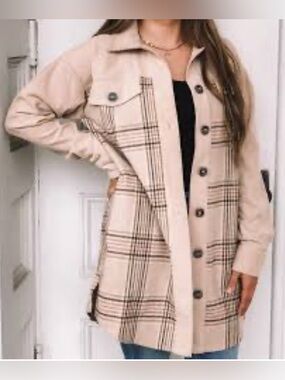 Mystree Boutique Tan Plaid Corduroy Button-Up Shacket Shirt Jacket Size Large